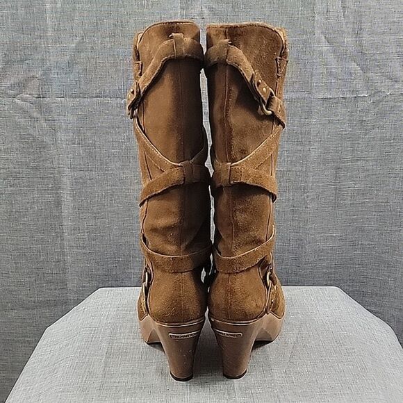 Michael Kors Tall Brown Suede Leather Strappy Wedge Heeled Slouch Boots SZ  6.5 - Picture 8 of 13